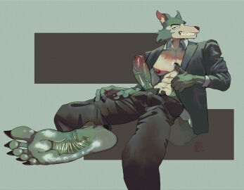 anthro beastars big_feet bottomwear canid canine canis claws clenched_teeth clothed clothing clothing_pull digital_media_(artwork) feet foot_fetish foot_focus fur genitals glistening glistening_body grey_body grey_fur hi_res humanoid_feet humanoid_genitalia humanoid_penis jacket legoshi_(beastars) looking_at_viewer male mammal nipples pants paws penis plantigrade simple_background sitting smile smirk soles solo teeth toes topwear vein veiny_penis wolf xdarkspace