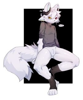 animal_genitalia anthro big_tail black_background border bottomless bottomless_male clothed clothing curled_horn ear_piercing gaiters genital_slit genitals hair heterochromia horn looking_at_viewer male multi_ear narrowed_eyebrows piercing red_eyes simple_background solo speech_bubble spread_legs spreading sssshark_(artist) straw_in_mouth sweater tail topwear translucent translucent_hair turtleneck white_border yellow_eyes