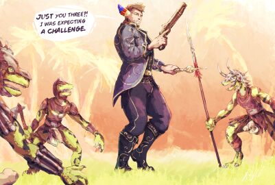 avian bird bluebird cocky_smile defeated eastern_bluebird english_text gay gay_male genitals gun hi_res humanoid imminent_rape imminent_sex jaeger_wunderkind lizard male male/male neptune_mereaux oscine overconfident passerine penis pillars_of_eternity ranged_weapon reptile scalie size_difference small_dom_big_sub text thrush_(bird) wand weapon xaurip yaoi