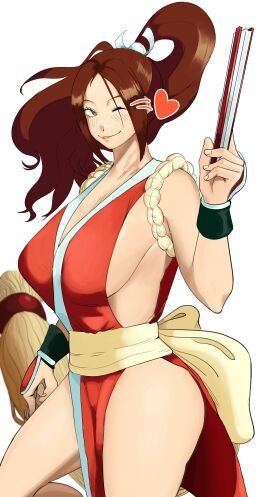 1girls big_breasts breasts brown_eyes brown_hair busty fan fatal_fury female female_only fully_clothed gloves hair_ornament heart huge_breasts japanese japanese_clothes king_of_fighters light-skinned_female light_skin long_hair mai_shiranui one_eye_closed pale-skinned_female pale_skin smile snk solo solo_female stubedtoe thighs tied_hair