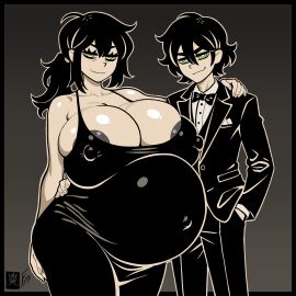 1boy 1girls andrew_graves areola_slip areolae big_belly big_breasts black_hair bowtie breasts clothed clothing dress female fungus-man green_eyes hand_on_hip hand_on_shoulder huge_breasts implied_incest inbreeding incest incest_pregnancy light-skinned_female light_skin looking_at_viewer male male/female mature_female mother mother_and_son navel nipple_bulge older_female older_female_and_younger_male parent_and_child ponytail pregnant renee_graves self_upload smile smirk son suit tagme the_coffin_of_andy_and_leyley wide_hips