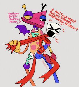 1girls 1other ambiguous_gender animate_inanimate antennae antennae_(anatomy) arm_grab artist_name artist_signature begging black_eyes blue_eyelids blue_eyeshadow blue_legs blue_penis blush blush_lines closed_eyes crab_claw degradation dialogue disembodied_leg disembodied_legs disembodied_limb dragon_wings duo english_text eyelashes fabric_creature female flying_sweatdrops gangle_(the_amazing_digital_circus) glitch_productions glove grabbing_thigh green_legs green_thighs half-closed_eyes heart holding_thigh humanoid_penis joints living_mask looking_at_another looking_at_partner looking_pleasured mask masked_female mismatched_arms mismatched_pupils mismatched_sclera moaning motion_lines mouthless multicolored_arms multicolored_body multicolored_eyeshadow multicolored_legs multicolored_markings open_mouth orange_arms orange_body orange_legs penetration penis pink_head pink_markings pink_spots pink_text pleading purple_eyelids purple_eyeshadow purple_neck rawmeatz red_arms red_body red_claws red_hands red_legs red_ribbon red_text reverse_suspended_congress ribbon ribbon_around_penis ribbon_body ribbon_pull segmented_arms segmented_legs shape_head signature single_glove single_wing speech_bubble spiral_eyes spotted_body standing standing_sex striped_antennae sweat sweatdrop the_amazing_digital_circus toy_humanoid triangle_head unusual_anatomy wings xd yellow_arms yellow_gloves yellow_hands yuri zooble_(the_amazing_digital_circus)