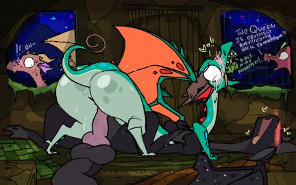 animated ass background_characters balls being_watched big_ass big_butt black_body blush bodily_fluids deathbringer_(wof) dialogue duo female feral genitals glory_(wof) green_body hi_res horn huge_ass huge_butt knot looking_at_another male male/female penis roksim sweat wings wings_of_fire