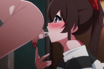 1boy animated bbaltong blush brown_hair censored cum cum_on_body cum_on_hands ejaculation female from_side handjob heart heart-shaped_pupils highres idolmaster idolmaster_million_live! licking_testicle mosaic_censoring oral penis satake_minako size_difference small_penis sound straight symbol-shaped_pupils tagme testicle_sucking testicles video