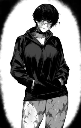 ass bangs big_ass big_breasts big_thighs black_and_white black_clothing breasts burn_scar choker cleavage cozy curious cute dark_hair eyeliner female fit fit_female glare glasses hands_in_pockets hoodie hoodie_only jujutsu_kaisen legs light_eyes masoq095 muscle_mommy muscles no_pants question_mark scar shiny_skin short_hair shounen_jump thick_thighs thigh_focus thighs thighs_bigger_than_head tomboy zenin_maki