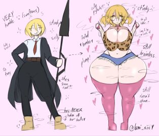 1girls bimbo bimbofication bimbofication_sequence female female_only gigantic_breasts huge_breasts revealing_clothes standing text transformation transformation_sequence