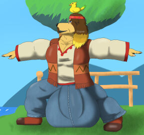 alternative_fashion alythewolfcat animal_crossing anthro big_bulge bird_dog bird_on_head bulge canid canine canis detailed_bulge domestic_dog genital_outline harvey_(animal_crossing) hi_res hippie huge_bulge hunting_dog hyper hyper_bulge male male_only mammal muscular muscular_male nintendo penis penis_outline seaside solo solo_male spaniel yoga