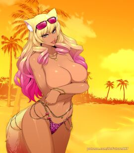 1girls beach big_breasts bikini blonde_hair breasts covering_breasts dark-skinned_female dark_skin eyelashes fate/grand_order fate_(series) female female_only fox_ears fox_girl fox_tail gyaru hi_res leopard_print_bikini long_hair looking_at_viewer narrowed_eyes nofuture pink_hair smiling smiling_at_viewer solo sunglasses_on_head suzuka_gozen_(fate) suzuka_gozen_(swimsuit_rider)_(fate) tail topless two-tone_hair yellow_eyes