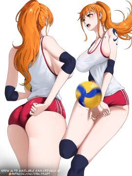 1girls arm_tattoo bare_arms bare_legs bare_shoulders bare_thighs big_breasts blue_tattoo blush breasts clothed clothing color female female_focus female_only hi_res large_breasts light-skinned_female light_skin long_hair nami nami_(one_piece) one_piece opalisart orange-haired_female orange_eyes orange_hair shounen_jump solo solo_female tagme tattoo thick_thighs volleyball volleyball_uniform