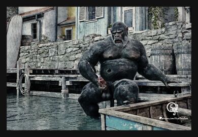 5ive9ine2wo absurd_res ape balls black_body boat bodily_fluids cum dock_(disambiguation) erection fur genital_fluids genitals hair haplorhine hi_res male mammal muscular muscular_male nipples nude open_mouth orgasm orgasm_face pecs penile penis primate sea silverback_gorilla sitting solo teeth vehicle water watercraft worker