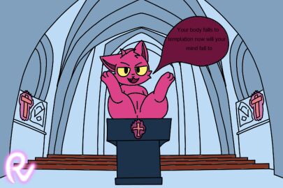 anus bench black_nose blue_background church cross demon domestic_cat feet felid feline felis female feral fur furry lying magic mammal passey_voppy red_body red_ears red_face red_feet red_fur simple_background smile solo speech_bubble text window_sill yellow_eyes