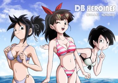 10s 3girls ;d beach bikini black_eyes black_hair blue_bikini blue_sky breasts cloud day dragon_ball dragon_ball_heroes earrings eyewear_on_head female forte_(dragon_ball) highres index_finger_raised jewelry karoine looking_at_viewer medium_breasts multiple_females multiple_girls navel note_(dragon_ball) o-ring o-ring_bikini one_eye_closed open_mouth outdoors ponytail saiyan saiyan_female sky small_breasts smile striped_bikini striped_clothes sunglasses swimsuit viola_(dragon_ball) water wink