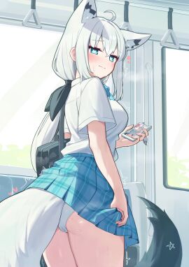 absurdres ahoge alternate_costume animal_ear_fluff animal_ear_piercing animal_ears aqua_bow aqua_bowtie aqua_eyes bag black_ribbon blush bow bowtie braid breasts cellphone closed_mouth collared_shirt commentary_request deaver double-parted_bangs female fox_ears fox_girl fox_tail hair_between_eyes hair_ribbon highres holding holding_phone hololive hololive_gamers hololive_gen_1 hololive_japan in_heat large_breasts long_hair looking_at_viewer low_ponytail miniskirt multi_ear panties pantyshot pentagram phone plaid_clothes plaid_skirt pleated_skirt pussy pussy_juice pussy_juice_stain ribbon school_bag school_uniform shirakami_fubuki shirt shirt_tucked_in short_sleeves side_braid single_braid skirt skirt_hold smartphone solo stained_panties standing tail tail_under_clothes train_interior trembling underwear very_long_hair virtual_youtuber wet wet_clothes wet_panties white_hair white_panties white_shirt