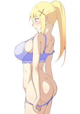 1girls ass blonde_hair blue_eyes bra breasts darkness_(konosuba) female highres kono_subarashii_sekai_ni_shukufuku_wo! large_breasts long_hair monya_monya_(tmsc7752) panties panty_pull ponytail pulling_own_clothes sidelocks solo thighs underwear white_background
