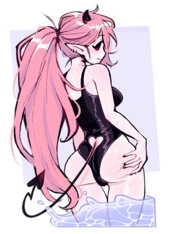 ass ass_focus big_ass blush demon grabbing heart horns june_(megrocks) looking_back megrocks oc orange_hair ponytail succubus swimsuit tail