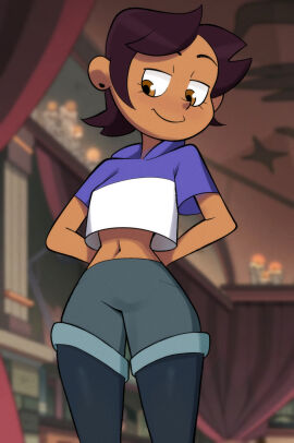 belly_exposed brown_eyes clothed_female clothes crop_top dark-skinned_female dark_skin dominican female fully_clothed hips latina leggings luz_noceda newguy1091 short_hair shorts solo tan-skinned_female the_owl_house