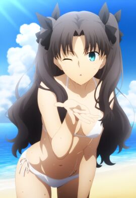 1girls beach bent_over bikini blowing_kiss breasts brown_hair cleavage fate/kaleid_liner_prisma_illya fate_(series) female green_eyes hi_res leaning_forward legs long_hair looking_at_viewer medium_breasts navel ocean one_eye_closed solo sweat thighs tohsaka_rin twintails water white_bikini wink