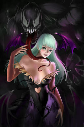 alien capcom crossover darkstalkers demon demon_wings eastern_and_western_character eddie_brock female holding_from_behind long_tongue marvel marvel_comics marvel_vs._capcom morrigan_aensland spider-man_(series) succubus venom_(marvel) wings