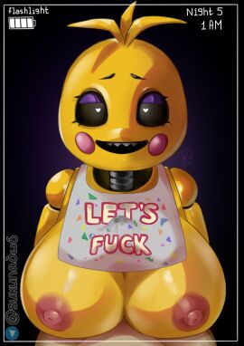1boy 1girls animatronic animatronic_female anthro artist_name big_breasts big_nipples black_eyebrows boobs_out bottomless bottomless_male breasts breasts_out chica_(fnaf) commission commission_art eyebrows eyeshadow female female_anthro female_focus five_nights_at_freddy's fnaf heart_eyes hearts_in_eyes huge_boobs huge_breasts looking_at_viewer male male/female mouth nipples no_bra no_panties no_underwear open_mouth paizuri penis penis_between_breasts pink_nipples purple_eyeshadow sukunaowo telegram_logo titfuck topless topless_female yellow_body yellow_skin