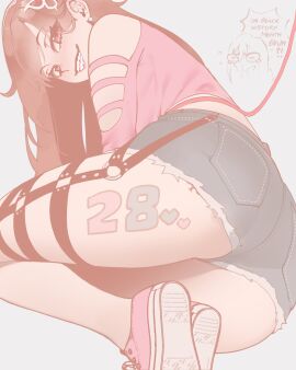 1girls ahoge all_fours ass ass_hanging_out ass_hanging_out_of_shorts ass_tattoo blue_shorts booty_shorts brown_hair clothing female female_only happy_birthday heart jean_shorts leash leg_strap light-skinned_female light_skin long_hair looking_at_viewer looking_back looking_back_at_viewer o-ring oc original original_character pov red_eyes short_shorts shorts solo tattoo thiccwithaq tiffany_(thiccwithaq) tsona_(nyantcha) very_high_resolution white_background