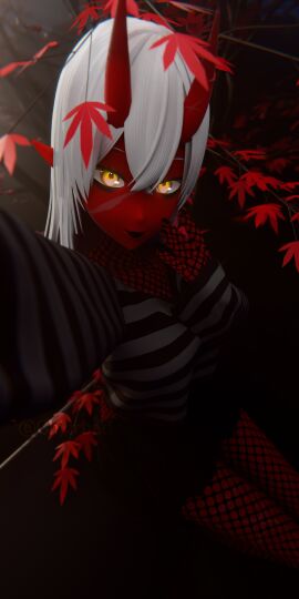 akumi autumn autumn_leaves dutch_angle female hair_between_eyes horns leaf long_sleeves looking_at_viewer outdoors red_skin short_hair smile solo virtual_youtuber vyugen white_hair yellow_eyes