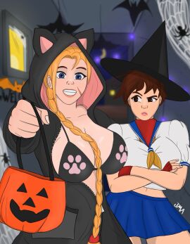 2d breasts busty cammy_white capcom female female_focus female_only halloween halloween_costume hourglass_figure jma sakura_kasugano street_fighter tagme wide_hips