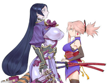 2girls angry arrow_(projectile) bare_shoulders blue_eyes breasts commentary cube_hair_ornament detached_sleeves earrings fate/grand_order fate_(series) female hair_ornament height_difference highres huge_breasts japanese_clothes jewelry katana kimono large_breasts long_hair looking_at_another looking_down looking_up low-tied_long_hair luca_xu minamoto_no_raikou_(fate) miyamoto_musashi_(fate) miyamoto_musashi_(first_ascension)_(fate) multiple_females multiple_girls obi pink_hair ponytail puffy_sleeves purple_hair quiver red_rope rope sash scabbard sheath short_kimono simple_background size_difference skin_tight sword vambraces very_long_hair weapon white_background zettai_ryouiki