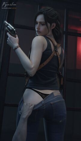 1girls 3d ass big_ass big_butt breasts claire_redfield female female_only fgnilin firearm handgun jeans panties pants resident_evil resident_evil_2 resident_evil_2_remake revolver solo solo_focus thighs thong thong_aside weapon zombie