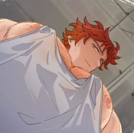 1boy alternate_body_hair alternate_pectoral_size bara fire_emblem fire_emblem:_three_houses foreshortening from_below grey_tank_top highres large_pectorals looking_at_viewer looking_down male male_focus male_only meme muscular muscular_male nintendo nipple_slip nipples orange_hair pectoral_cleavage pectoral_focus pectorals photo-referenced red_hair satodee short_hair sidepec sideways_glance solo sweatdrop sylvain_jose_gautier tank_top thick_chest_hair thick_eyebrows upper_body yaoi yur_oc_like_this_(meme)