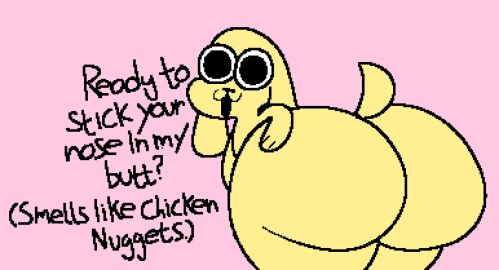 1boy :3 alexdogg_72 anthro anthro_male anthro_only ass ass_bigger_than_head ass_bigger_than_torso ass_focus back back_view big_ass big_butt big_eyes black_eyes black_text canid canine canis cartoony chikn_nuggit chikn_nuggit_(chikn_nuggit) dialogue dog dog_ears dog_tail floppy_ears furry hand_on_own_ass imminent_facesitting long_ears looking_back looking_back_at_viewer male male_antro male_only pink_background pixel_art short_tail smooth_skin solo solo_focus solo_male tail tail_lift talking_to_viewer text wide_hips wide_thighs yellow_body yellow_skin