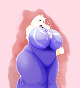 1girls anthro anthro_only azabiloti big_breasts breasts deltarune female furry furry_female furry_only horns huge_breasts large_breasts purple_clothing purple_eyes solo tight_clothing toby_fox toriel undertale undertale_(series) white_body