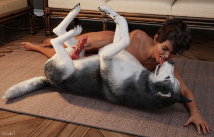 1animal 1boy 1girls 3d artist_name beastiality black_hair bracelet canine_penis carpet closed_eyes dark-skinned_female dark_skin female female_on_feral handjob human husky indoors kissing large_penis male nude on_carpet on_floor penis roadkill_(artist) short_hair tongue tongue_kiss tongue_out zoophilia