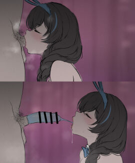 1boy 1girls 2koma bare_shoulders black_hair blue_condom blue_hair blush bowtie braid bunny_ears bunnysuit censor_bar censored closed_eyes condom condom_in_mouth condom_mouth_application condom_on_penis condom_stuck_in_throat deepthroat detached_collar erection fake_animal_ears fake_rabbit_ears fellatio female goddess_of_victory:_nikke headwear light-skinned_female light-skinned_male light_skin long_hair lowres male mary_(medical_rabbit)_(nikke) mary_(nikke) official_alternate_costume oral othel_(hatimorris) penis pubic_hair saliva straight streaked_hair