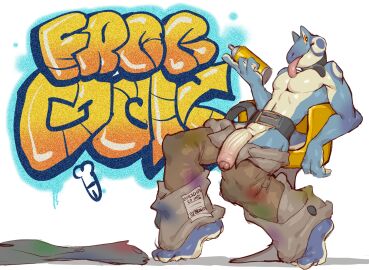 2024 amphibian anthro belt blue_body blue_skin bottomwear bottomwear_down cheek_spots clothed clothing english_text firgun_(zi_ran) foreskin frog genitals glans graffiti half-erect hi_res humanoid_genitalia humanoid_penis male orange_eyes paint pants pants_down partially_clothed pecs penis simple_background solo spray_can spray_paint tan_body tan_skin text tongue tongue_out topless uncircumcised vein veiny_penis white_background zi_ran