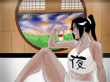 1girls black_hair bleach dark-skinned_female dark_skin female hairband milk_bottle ponytail room safe shihouin_yoruichi sitting solo tata thick_thighs white_shirt yellow_eyes