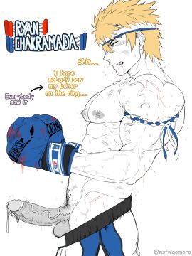 balls bara boner boxing_gloves erection gomoro male male_only monochrome muscles muscular musk penis penis_out solo solo_male sweat sweating text yaoi