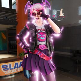 adjusting_eyewear adjusting_glasses adjusting_sunglasses callisto_(fortnite) female fortnite jacket looking_at_viewer pink_hair purple_lipstick skirt sorrenpalace sunglasses tinted_eyewear