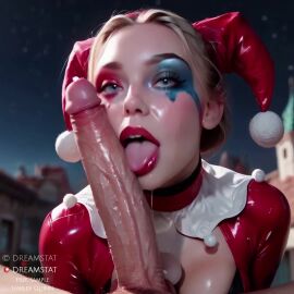 1boy ai_assisted ai_generated animated blonde_hair blue_eyes blurry blurry_background breasts choker christmas cleavage clothed_female_nude_male dc dc_comics dreamstat erection eyeliner eyeshadow facepaint facial_mark fellatio female harley_quinn hat jester_cap large_penis latex licking licking_penis lips lipstick lipstick_mark looking_at_viewer makeup male_pubic_hair mascara night oral outdoors penis pom_pom_\\(clothes\\) pov pubic_hair red_lips saliva santa_hat sky solo_focus sound straight tagme tongue tongue_out uncensored veins video