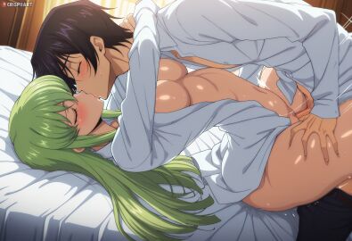 1boy 1girls ai_assisted ai_generated arms_around_neck black_hair bottomless breasts c.c. closed_eyes code_geass crispiiart dress_shirt female green_hair high_resolution highres indoors kissing lelouch_lamperouge light-skinned_female light_skin long_hair long_sleeves missionary missionary_position motion_lines nipples on_bed open_clothes open_shirt penis room sex shirt straight trembling unbuttoned upscaled vaginal_penetration yellow_eyes