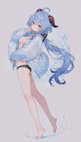 1girls black_lingerie blue_hair breasts exposed_breasts female ganyu_(genshin_impact) genshin_impact goat_horns hoyoverse lingerie mihoyo multicolored_hair