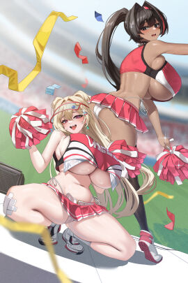 2girls absurd_res arena ass back bandage bandaged_leg bare_shoulders bay_(nikke) black_eyes black_hair black_legwear blonde_hair blurry_background blush breasts cap cheerleader choker clay_(nikke) confetti crop_top dark-skinned_female dark_skin female female_only from_behind goddess_of_victory:_nikke hair_ornament headwear highleg highleg_panties holding_object huge_breasts light-skinned_female light_skin looking_at_viewer looking_back miniskirt mole mole_under_eye mole_under_mouth navel no_bra open_mouth panties pantyshot pink_shirt pleated_skirt pom_poms ponytail purple_eyes red_hair sharp_teeth side-tie_panties simsim_han-u skindentation skirt_skirt smile speaker sport squatting stomach streaked_hair teeth thighhighs tongue twintails underboob underwear visor_cap white_panties