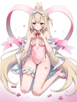 1girls alternate_costume animal_ears bangs bare_shoulders blonde_hair blue_eyes blush breasts bunny_ears bunny_girl bunnysuit cleavage closed_mouth covered_navel eyebrows_visible_through_hair female female_only fishnet_legwear fishnets full_body hair_ornament hair_ribbon hairband heart heart_hands high_heels kneeling leg_garter leotard long_hair looking_at_viewer medium_breasts pantyhose pink_bow pink_footwear pink_leotard pink_ribbon ribbon shadow shoes small_breasts smile solo sparkle strapless suomi_kp31_(girls_frontline) thigh_strap thighhighs very_long_hair virtual_youtuber vyugen yenko yenkoes