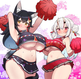 2girls :p alternate_breast_size animal_ears armpits arms_up bell black_hair black_skirt blush breasts brown_eyes cheerleader commentary_request cowboy_shot double_bun female grey_hair grin hair_bell hair_bun hair_ornament heart highres hololive hololive_gamers hololive_gen_2 hololive_japan horns kani_bonara large_breasts long_hair looking_at_viewer low-tied_long_hair microskirt multicolored_hair multiple_females multiple_girls nakiri_ayame navel ookami_mio pleated_skirt pom_pom_(cheerleading) red_eyes red_hair skin-covered_horns skirt smile stomach streaked_hair symbol-shaped_pupils tail tail_around_own_leg tongue tongue_out underboob virtual_youtuber wolf_ears wolf_girl wolf_tail