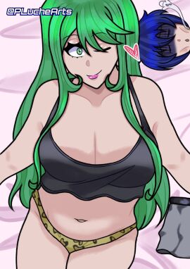 1boy after_sex bed big_breasts black_bra blue_hair breasts date_a_live exausted female green_eyes green_hair horny_female itsuka_shido kyouno_natsumi kyouno_natsumi_(adult) leopard_print_panties light-skinned_female light_skin lipstick long_hair on_bed pink_lipstick pluchearts straight underwear