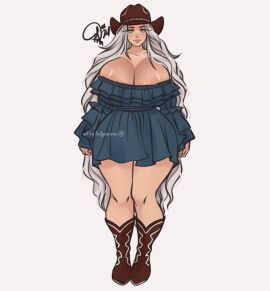 1girls areola areola_slip artist_name artist_signature blue_dress breasts cowboy_boots cowboy_hat dress female full_body fully_clothed grey_hair large_breasts leefysaurus long_eyelashes long_fingernails original original_character very_long_hair watermark