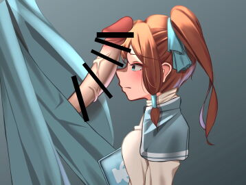 1boy 1girls artist_request bad_censor bethany_(the_binding_of_isaac) blue_eyes brown_hair censored clothed_female color colored female image_set imminent_oral male penis penis_on_face the_binding_of_isaac twintails unseen_male_face