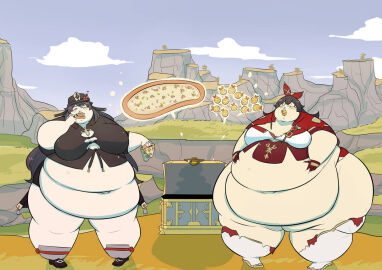 2girls amber_(genshin_impact) belly belly_button big_belly big_breasts breasts brown-haired_female brown_hair chubby chubby_female duo duo_female duo_focus exposed_fat_belly fat fat_female fat_fetish feeding female female_focus female_only genshin_impact hoyoverse hu_tao_(genshin_impact) light-skinned_female light_skin liyue_girls mihoyo mihoyo_technology_(shanghai)_co._ltd. mondstadt_girls multiple_females multiple_girls obese obese_female overweight overweight_female sky weight_gain