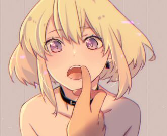 2boys ai_generated androgynous blonde_hair blush blushing bob_cut choker collar face_focus femboy femboy_focus finger_in_mouth galo_thymos heart-shaped_pupils lio_fotia looking_at_viewer male open_mouth pov promare short_hair solo_focus twink