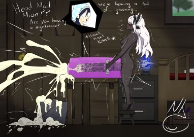 2d 2d_(artwork) 2d_artwork balls bedroom black_skin breeding_mount completely_nude cum cumshot dark_skin elf elf_ears elf_female elf_futa excessive_cum female futanari gigantic_penis heavy_breathing horse_penis horsecock huge_balls huge_cock huge_load huge_testicles intersex long_hair maid_headdress masturbation mion_(nekojaanai) motion_lines nekojaanai nude oc open_mouth orange_eyes original original_character penis room speech sweat testicles text thick_cum veiny_penis white_hair