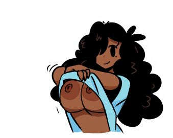 big_breasts breasts bro_(murgoten) copyright_request edit edited_screencap exposed_breasts female female_only murgoten poofy_hair pulling_shirt_up smile third-party_edit